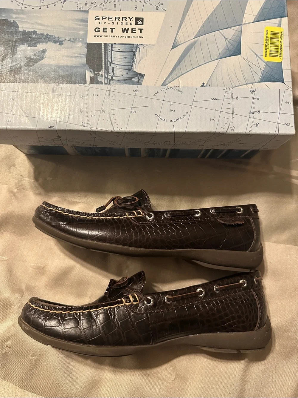 Women’s Sperry “Get Wet” Top Siders, Croc-Embossed Brown Leather Loafers